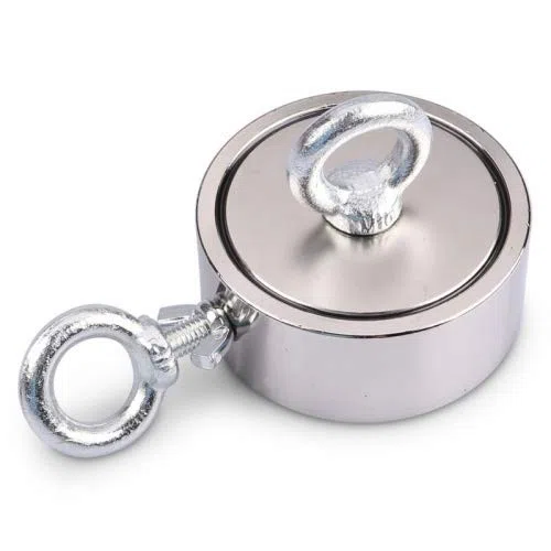 Calamita in neodimio con 2 fori e occhielli a vite (magnets4you) – Magnete super forte per pesci magnetici/pesca magnetica, magnete con occhiello nichelato – Dimensioni Ø 135 mm – 2 x 1100 kg