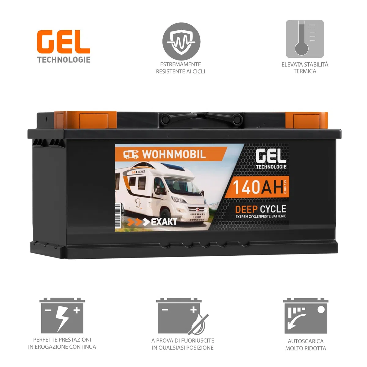 EXAKT batteria solare 12V 140Ah GEL caravan camper barca scarica lenta