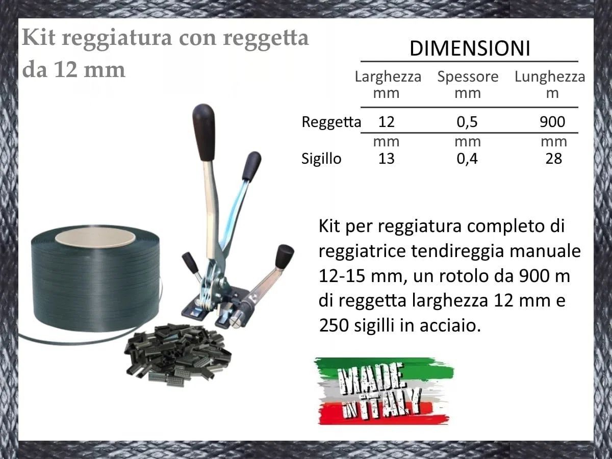 BUD - KIT REGGITURA ROTOLO REGGETTA REGGIA 12mm 900m TENDIREGGIA MANUALE con SIGILLI