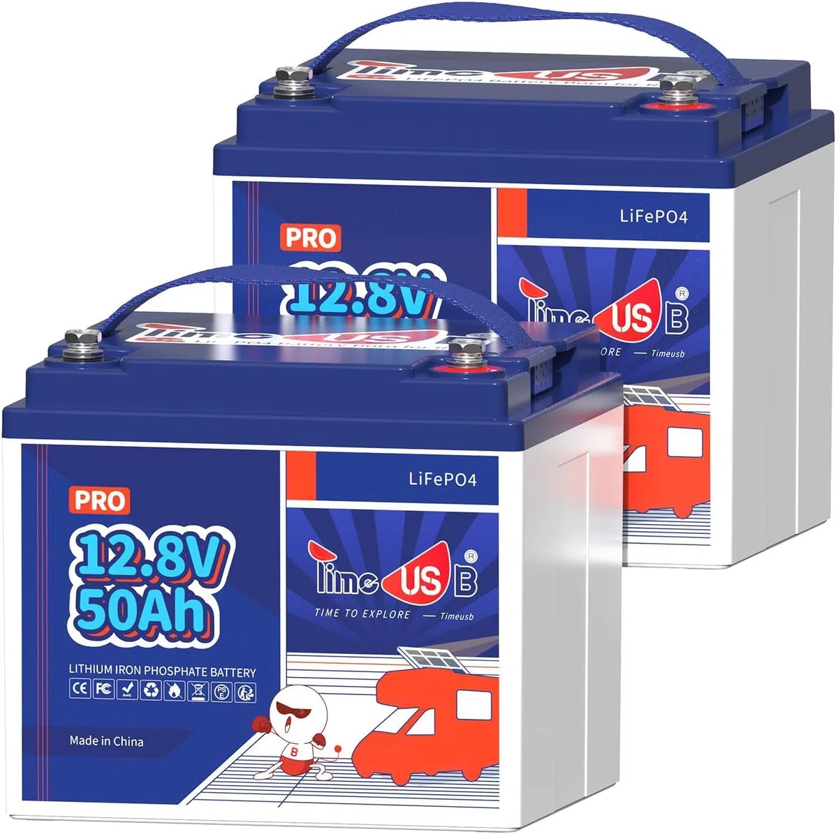 Timeusb Batteria Litio 12V 50Ah LiFePO4,640Wh per Camper e Solare(2 Pezzi) | 50A BMS con 15.000 Cicli Profondi,Batteria Ricaricabile Perfetta per RV,Off-Grid,Pannelli Solari,Barca,Trolling Motor