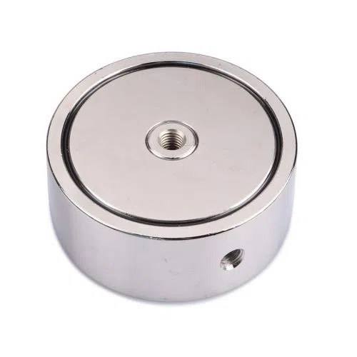 Calamita in neodimio con 2 fori e occhielli a vite (magnets4you) – Magnete super forte per pesci magnetici/pesca magnetica, magnete con occhiello nichelato – Dimensioni Ø 135 mm – 2 x 1100 kg