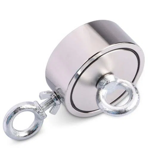 Calamita in neodimio con 2 fori e occhielli a vite (magnets4you) – Magnete super forte per pesci magnetici/pesca magnetica, magnete con occhiello nichelato – Dimensioni Ø 135 mm – 2 x 1100 kg