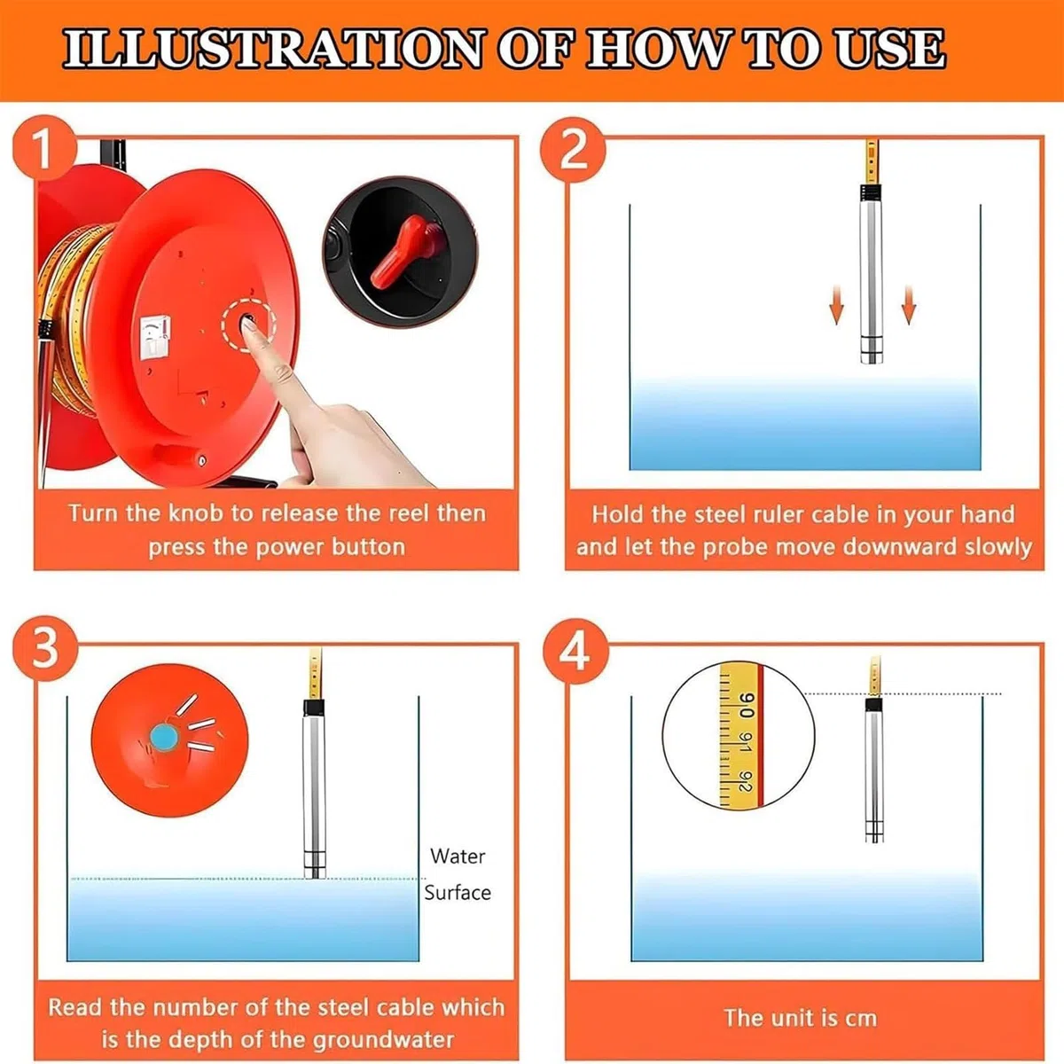 Misuratore di livello dell'acqua elettronico portatile, misuratore di profondità con nastro in acciaio, per misurare il livello delle acque sotterranee 10 m-300 m
