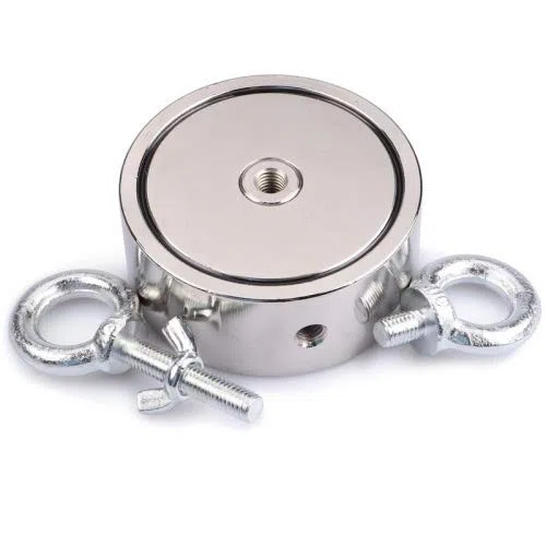 Calamita in neodimio con 2 fori e occhielli a vite (magnets4you) – Magnete super forte per pesci magnetici/pesca magnetica, magnete con occhiello nichelato – Dimensioni Ø 135 mm – 2 x 1100 kg