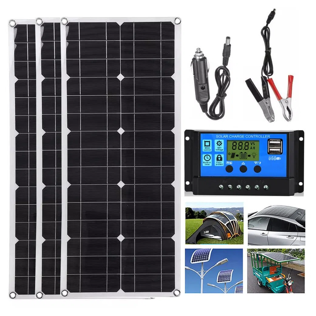 Pannello Solare Flessibile 100W 200W 300W 400W 500W 600W + Regolatore 40A, Portatile per Camper/Tetto/Barca/Auto/Campeggio, Ultraleggero/Ultrasottile/Impermeabile, Doppia USB 3x100W