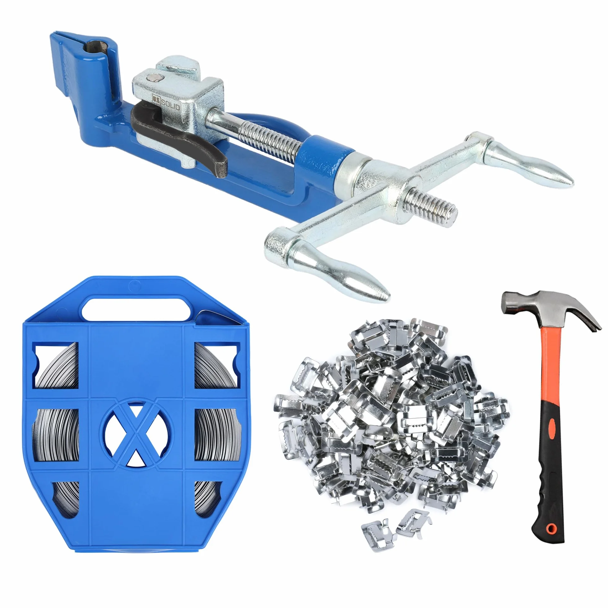 U.S. Solid reggiatrice manuale in acciaio inox 304 – Nastro professionale per pallet, 19 mm x 30 m, 100 clip di sicurezza e martello per fissaggio stabile del carico