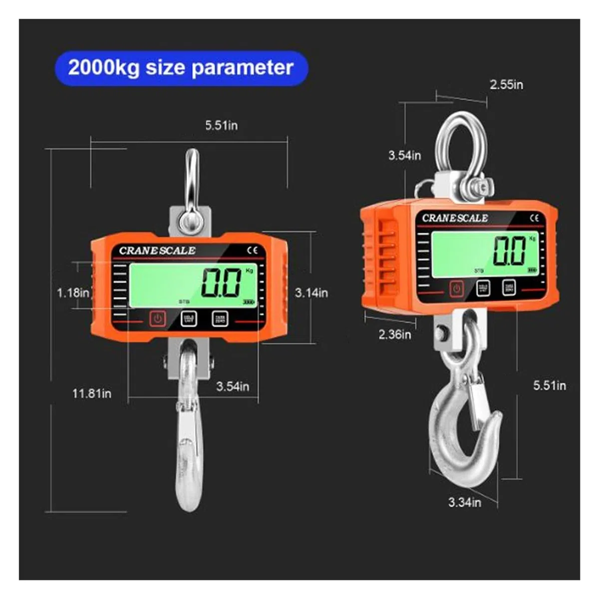 Display LCD digitale Bilancia da 2000 kg Misuratore di pesatura portatile for carichi pesanti con gru a gancio per Garage Farm(Blue)