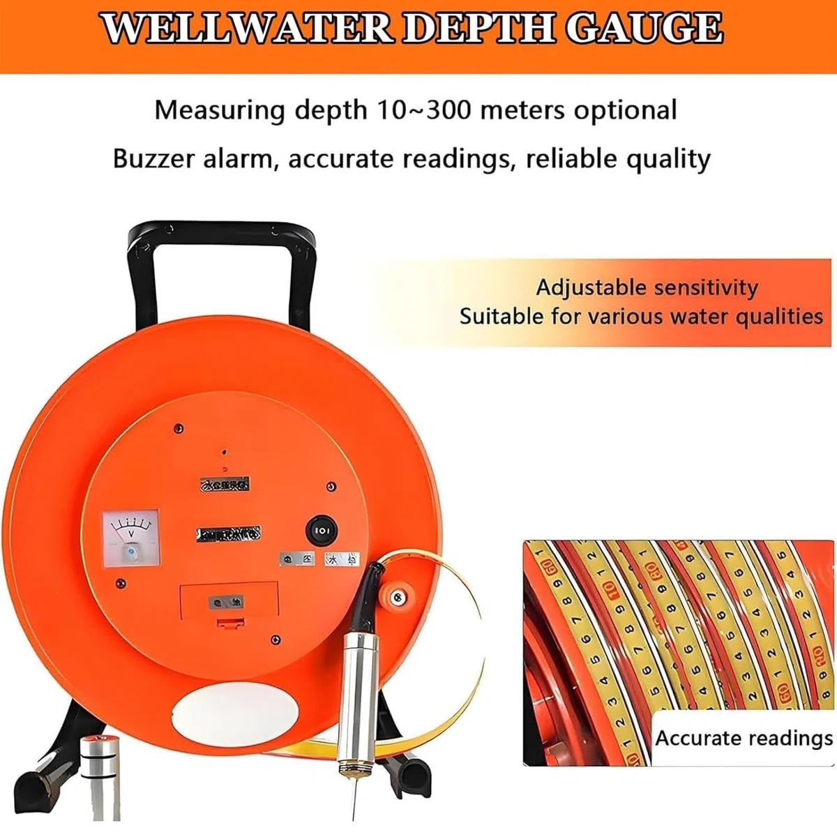 Misuratore di livello dell'acqua elettronico portatile, misuratore di profondità con nastro in acciaio, per misurare il livello delle acque sotterranee 10 m-300 m